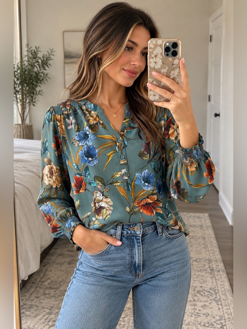 Christopher & Banks Floral Blouse Large Sage Green Smocked